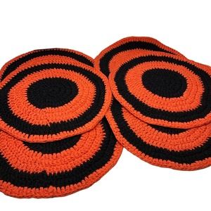 Handmade Round Crochet Placemats Set of 6 Orange‎ & Black 15.5”